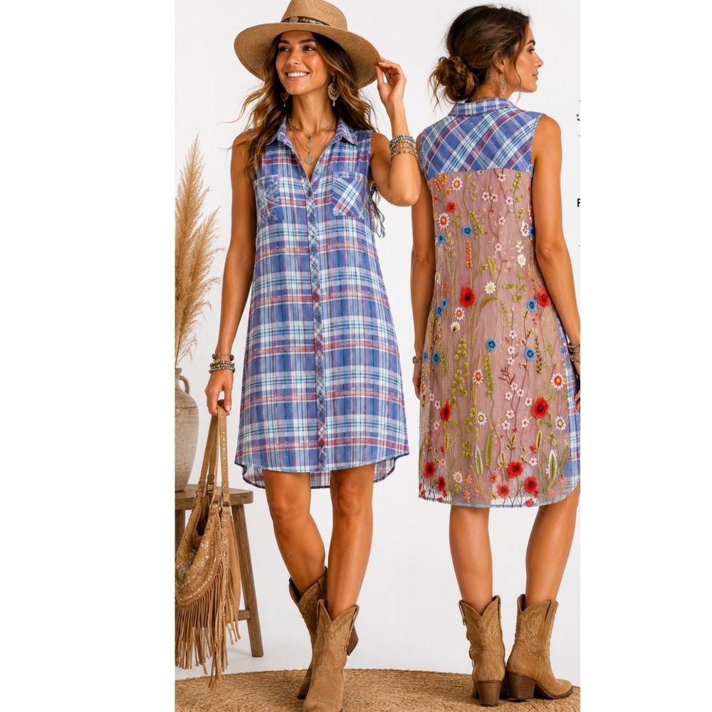 Aratta Silent Journey Mixed Media Plaid Floral Embroidered Shirt Dress Blue‎ Red
